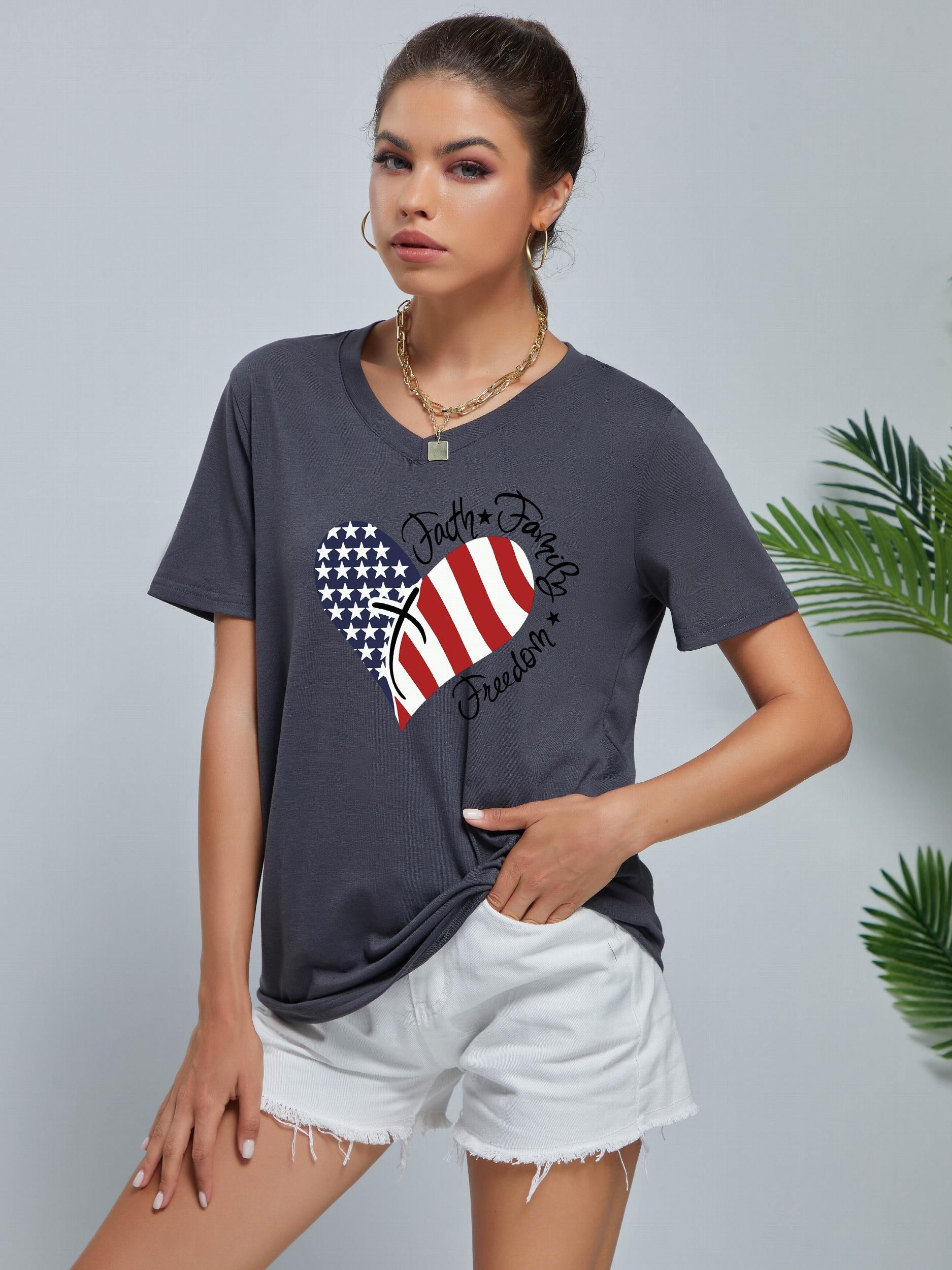 Love Heart Print Short Sleeve T shirt With American Flag Element