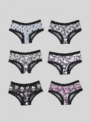 6pcs Lace Hipster Panties Skull & Floral Print Women's Lingerie