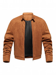 PU Jacket Men's Solid Zip Up Stand Collar Faux Leather Jacket