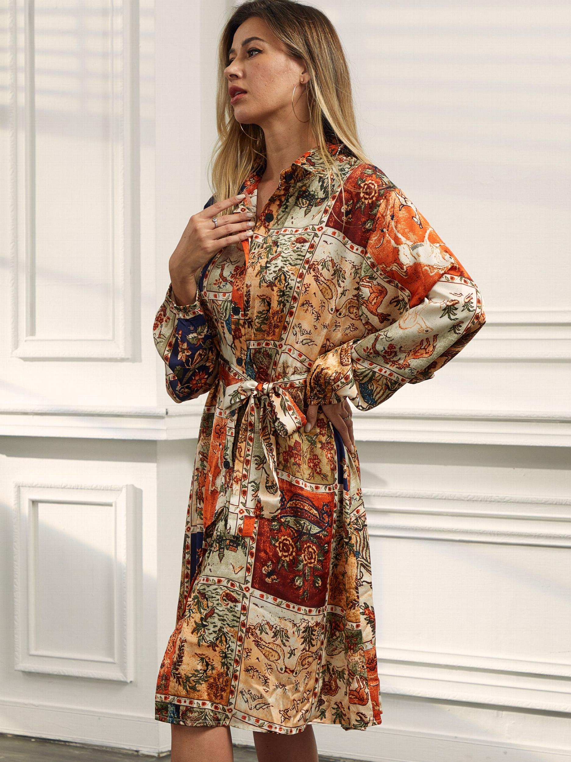 Colorblock Painting Print Shirt Dress With Belt