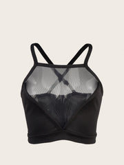 Sheer Mesh Halter Cami Crop Top Plunging Criss Cross Back Top