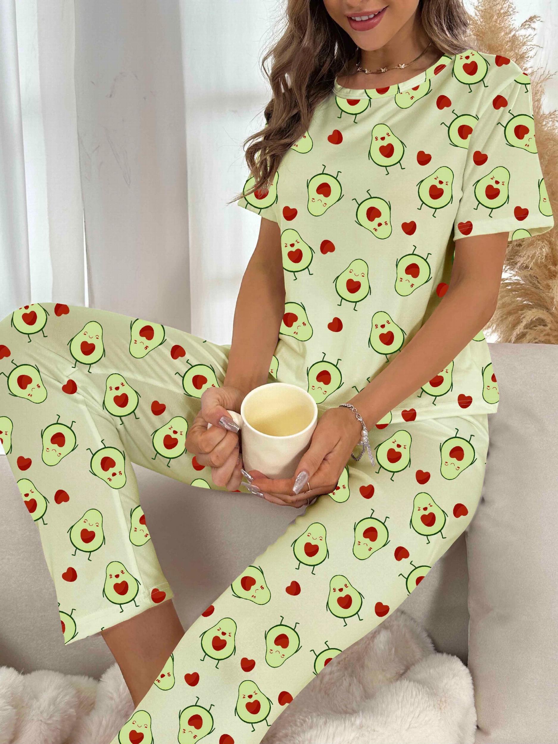 Avocado Print Pajama Set Short Sleeve Crew Neck Top & Pants Women's Sleepwear