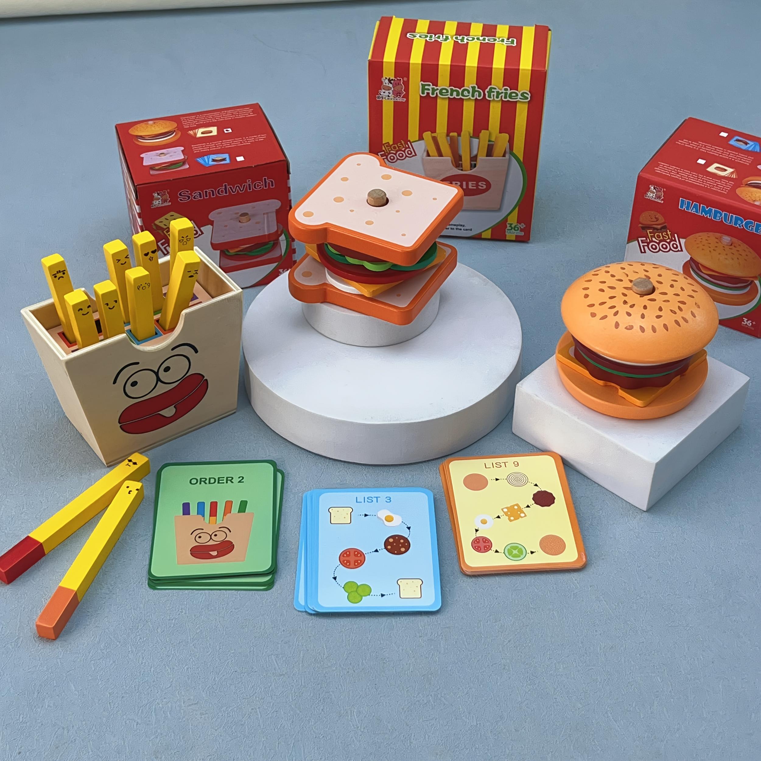 Wooden Burger Fries & Sandwich Playset for Kitchen Pretend Play