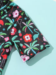 Flamingo & Flowers Graphic Short Sleeve Swimsuit