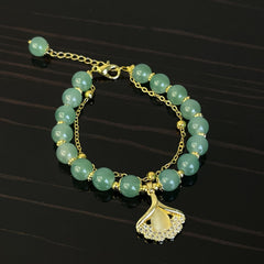 Green Jade Bracelet With Ginkgo Leaf, Perfect Gift for Her