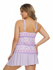 Paisley Print Tankini Set - V Neck Cami Top & Mini Skirt Swimsuit