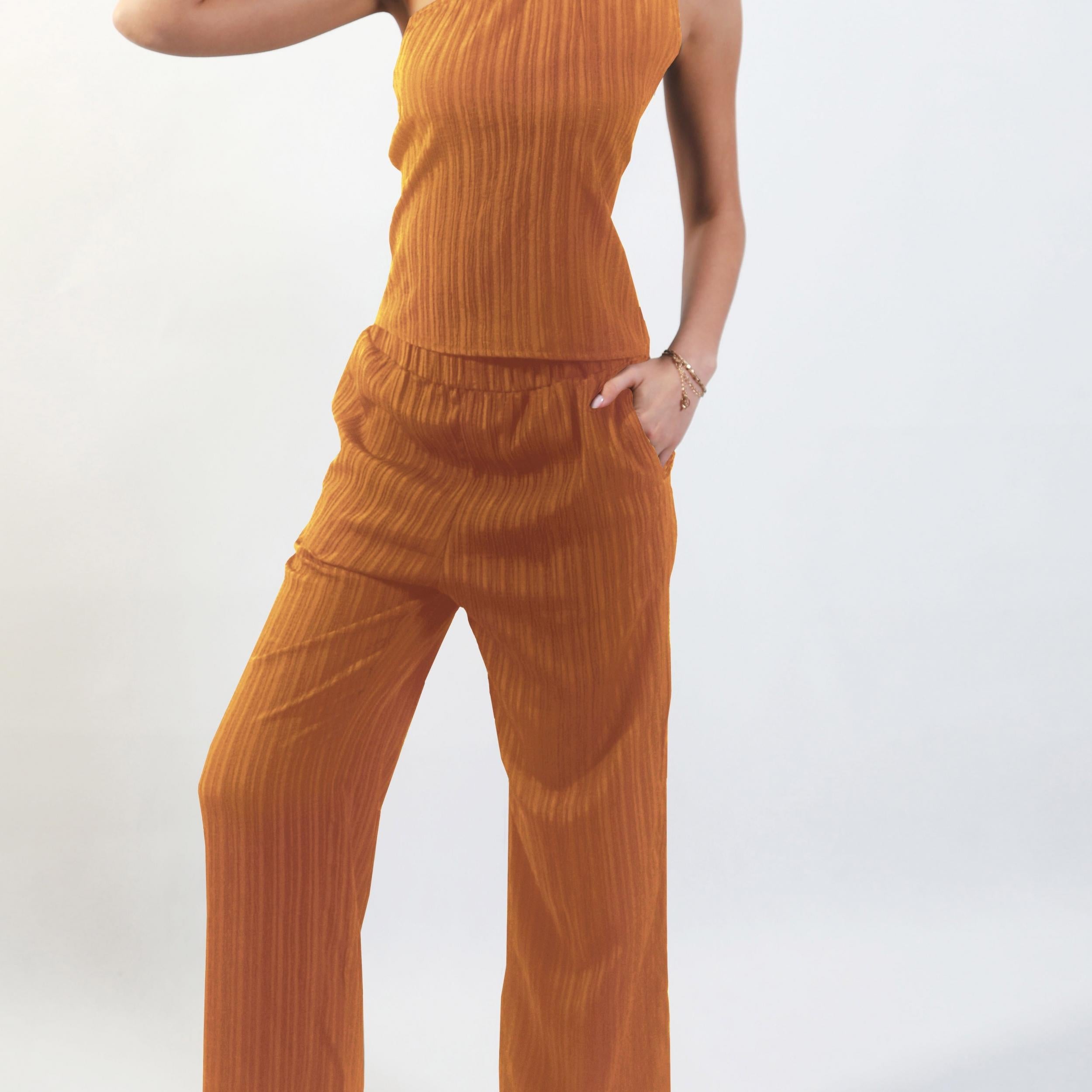 Ribbed Two piece Set One Shoulder Top & Wide Leg Pants