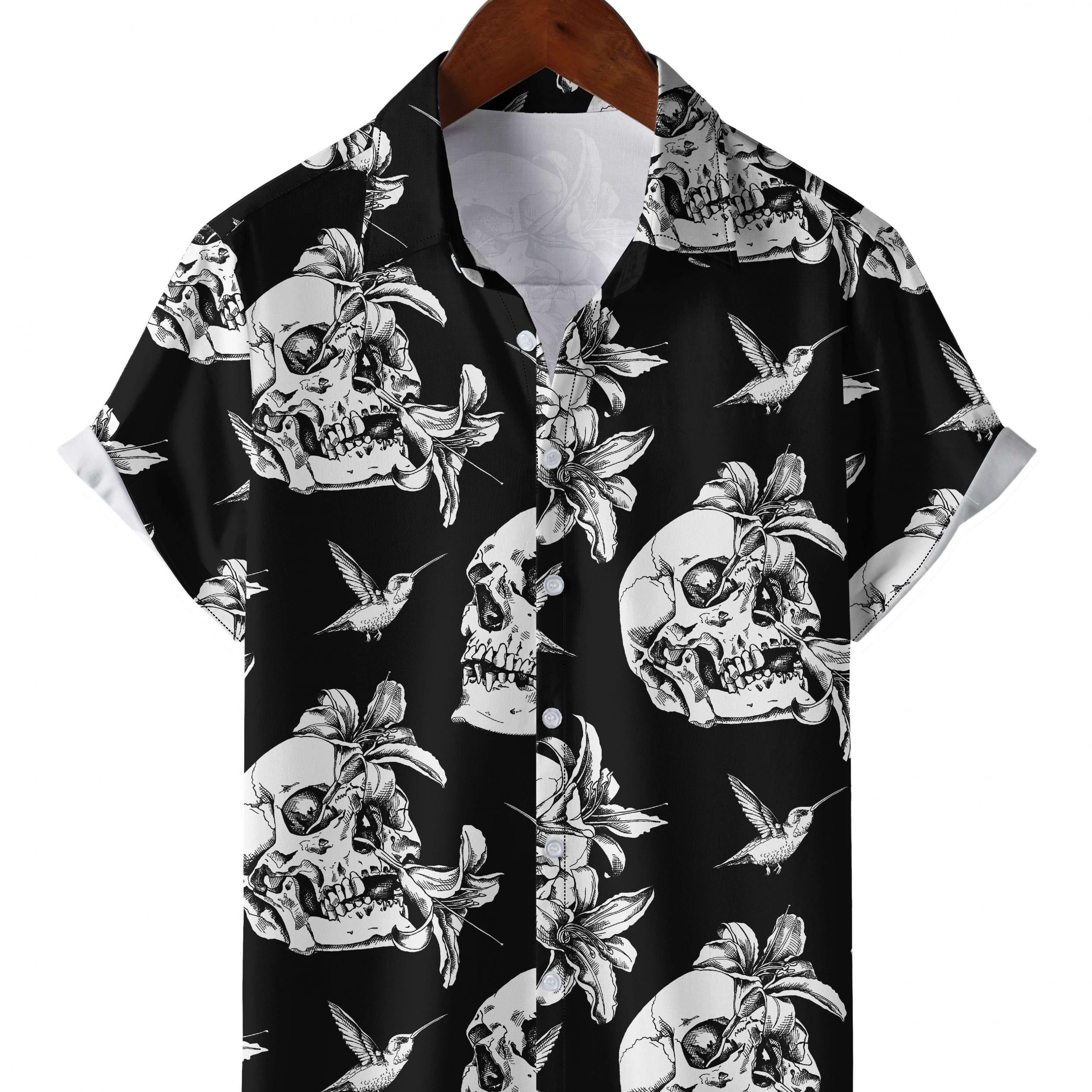 Men's Flower & Skull Print Hawaiian Shirt