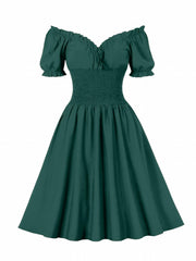 Retro Dress Off Shoulder Puff Sleeve V Neck Swing A line Dress