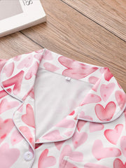 Heart Print Pajama Set Long Sleeve Buttons Top & Elastic Waistband Pants