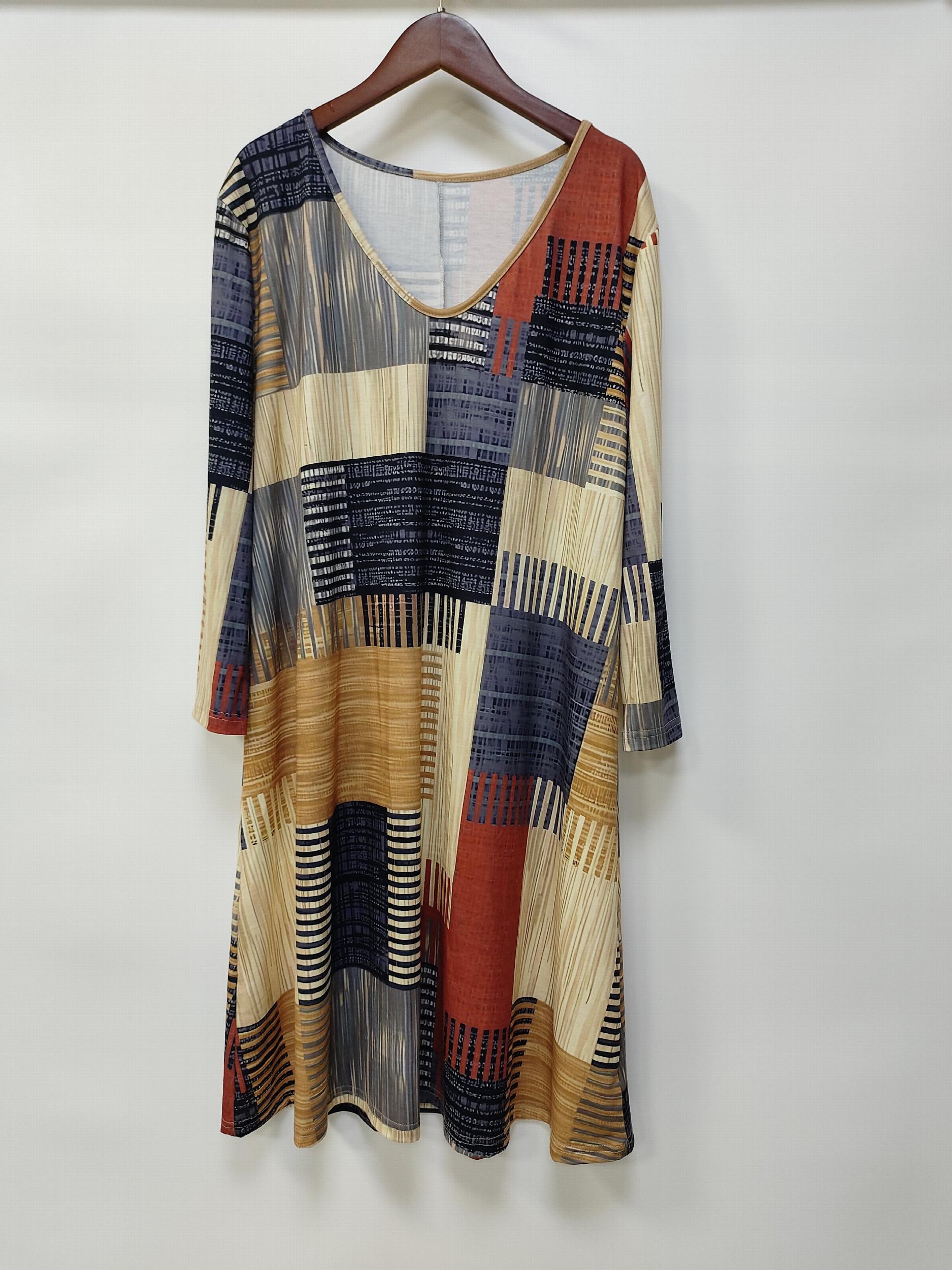 Patchwork Print Long Sleeve V Neck Dress