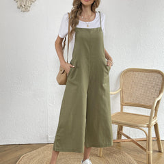 Solid Spaghetti Jumpsuit Wide Leg Jumpsuit With Pockets