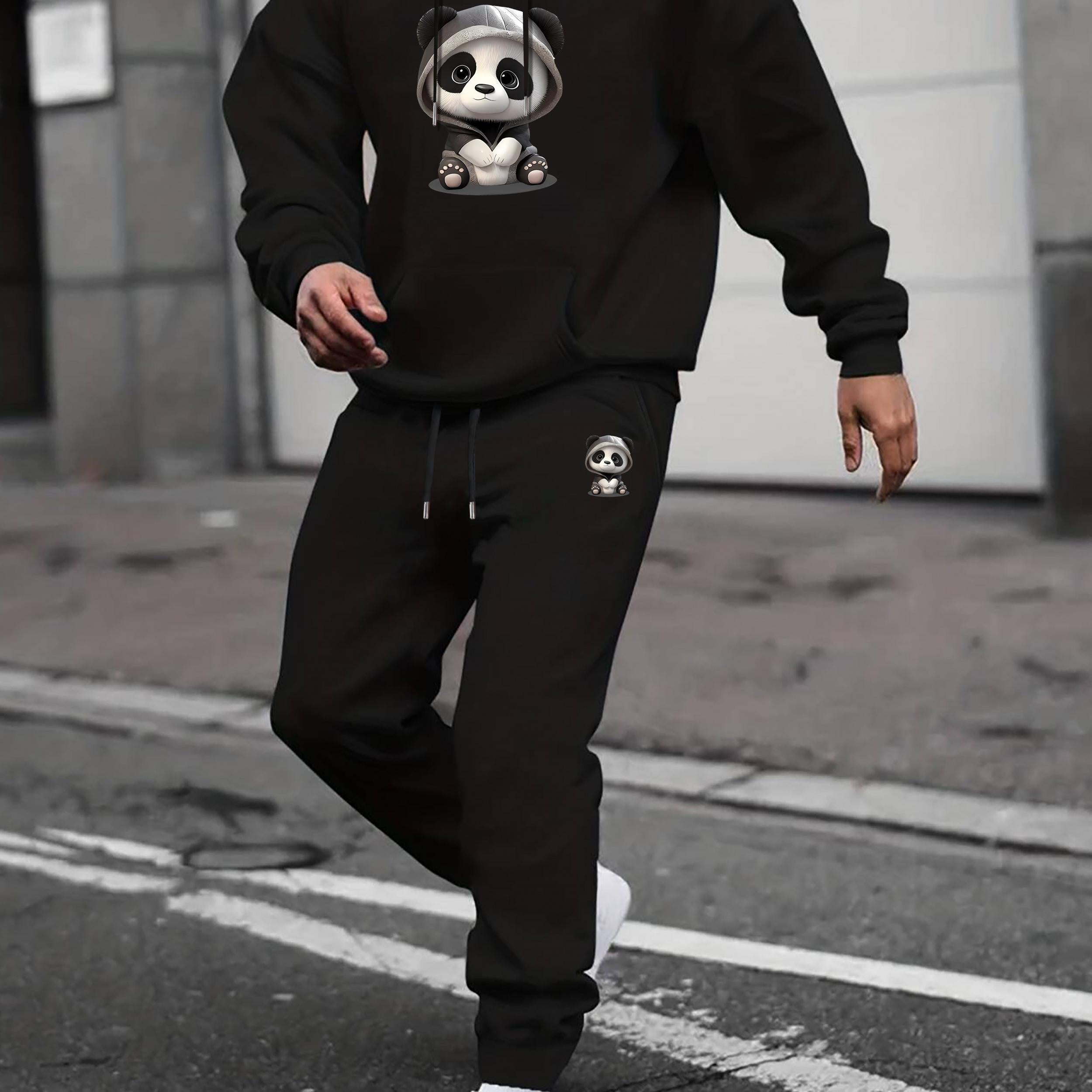 Panda Print Men's 2Pcs Outfits Crew Neck Long Sleeve T Shirt Hooded Sweat