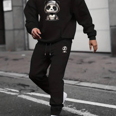 Panda Print Men's 2Pcs Outfits Crew Neck Long Sleeve T Shirt Hooded Sweat