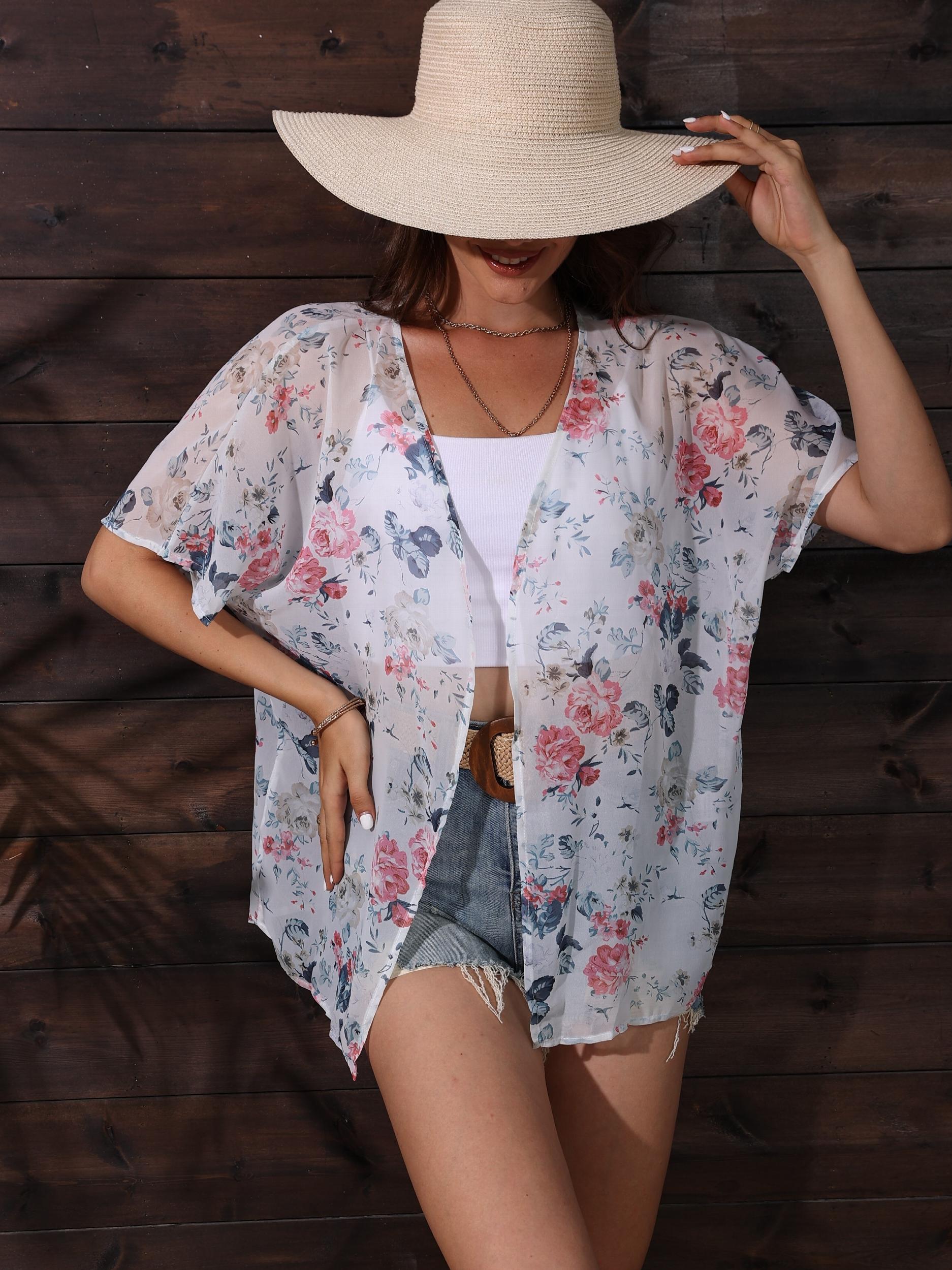 Floral Print Batwing Sleeve Kimono Cardigan Semi Sheer Chiffon Coverup