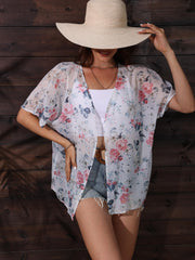 Floral Print Batwing Sleeve Kimono Cardigan Semi Sheer Chiffon Coverup