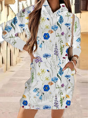 Women's Floral Print Long Sleeve Hooded Sweatshirt Dress