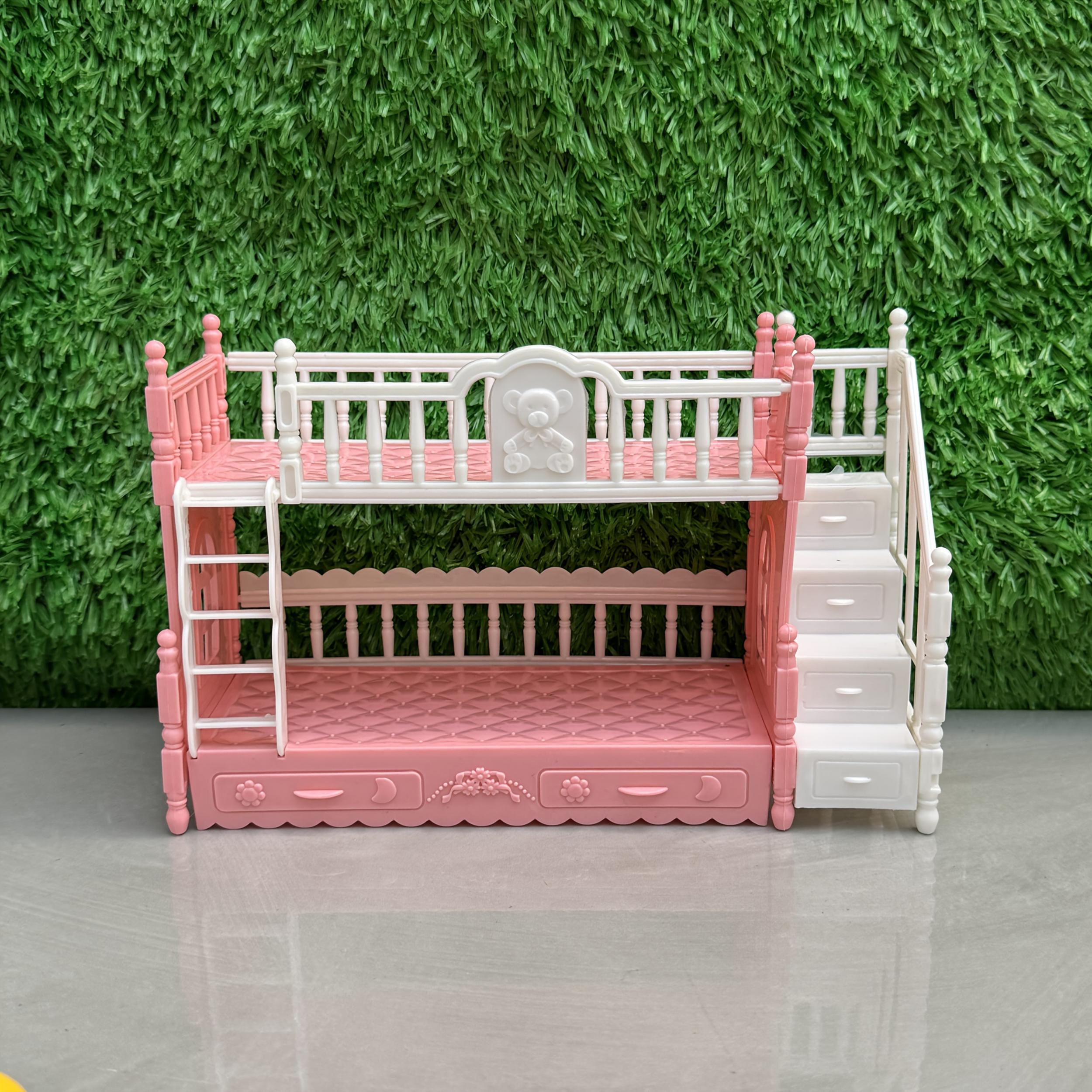 Pink Double Bed with Stairs for Princess Room Dollhouse