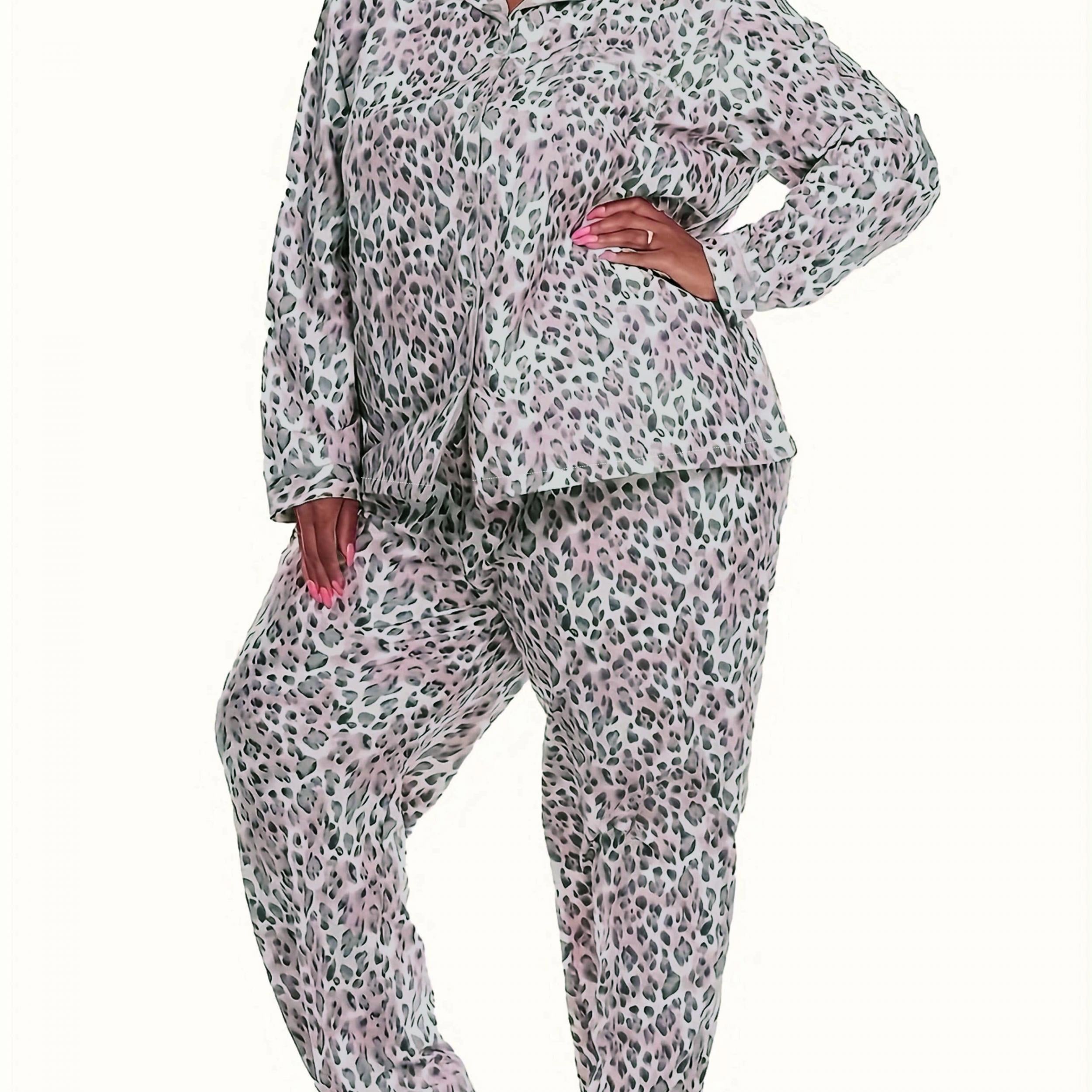 Tie Dye & Leopard Print Pajamas Set Long Sleeve Shirt & Pants