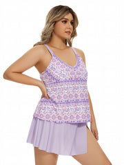 Paisley Print Tankini Set - V Neck Cami Top & Mini Skirt Swimsuit