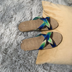 Women's Cross Strap Flat Slides Open Toe Linen Slides Indoor Shoes