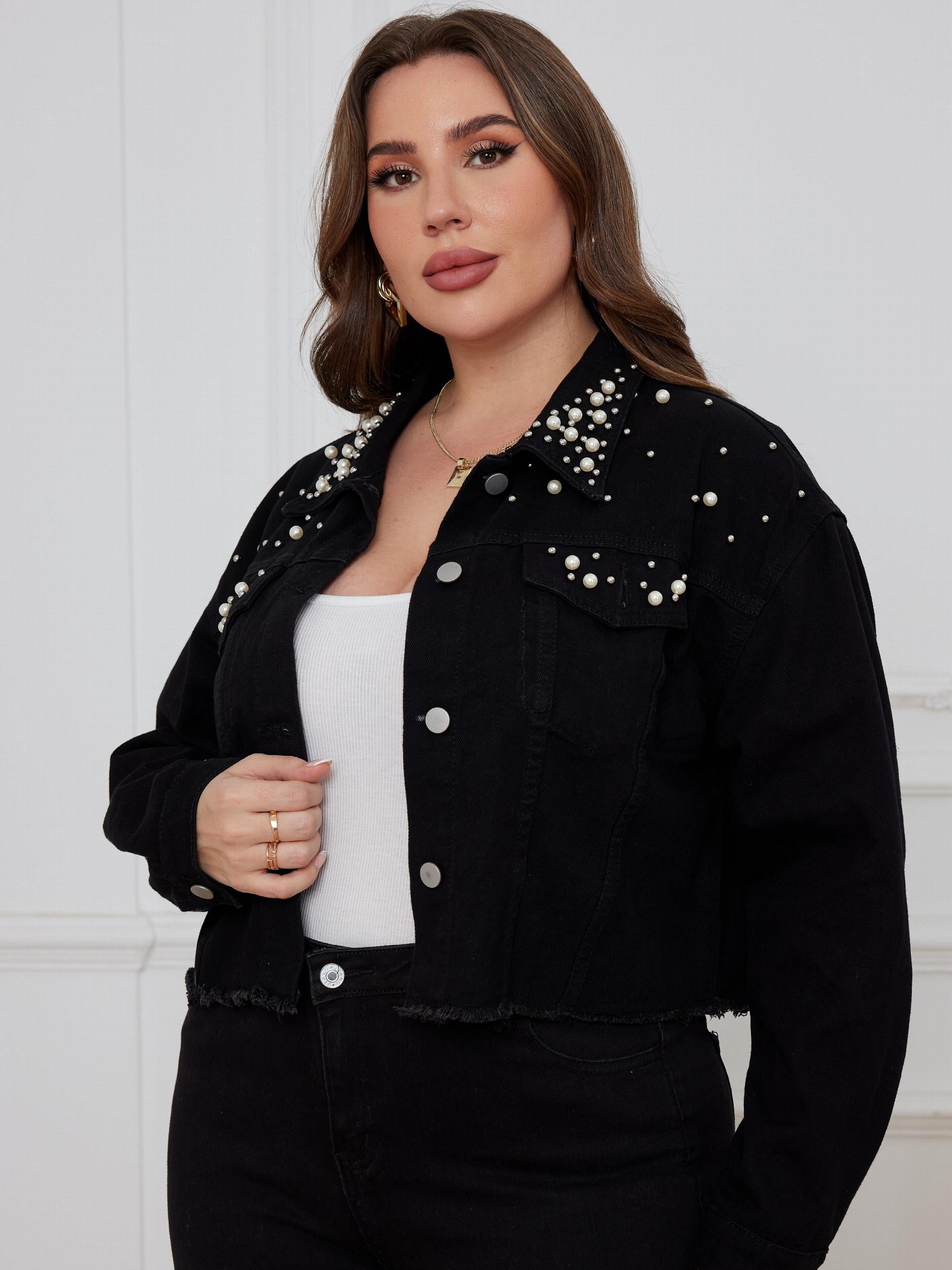 Casual Denim Top Women's Plus Solid Button Up Long Sleeve