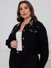 Casual Denim Top Women's Plus Solid Button Up Long Sleeve