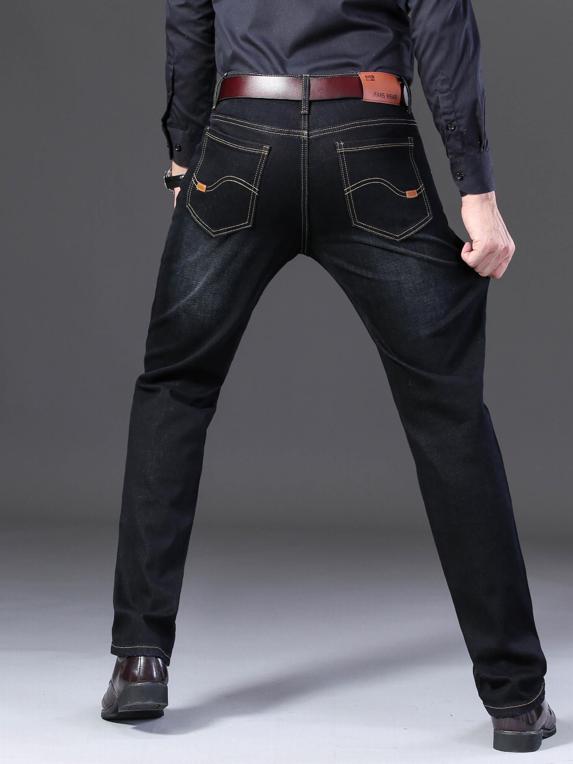 Men's Retro Slim Stretch Jeans Mid Waist Zipper Denim Pants