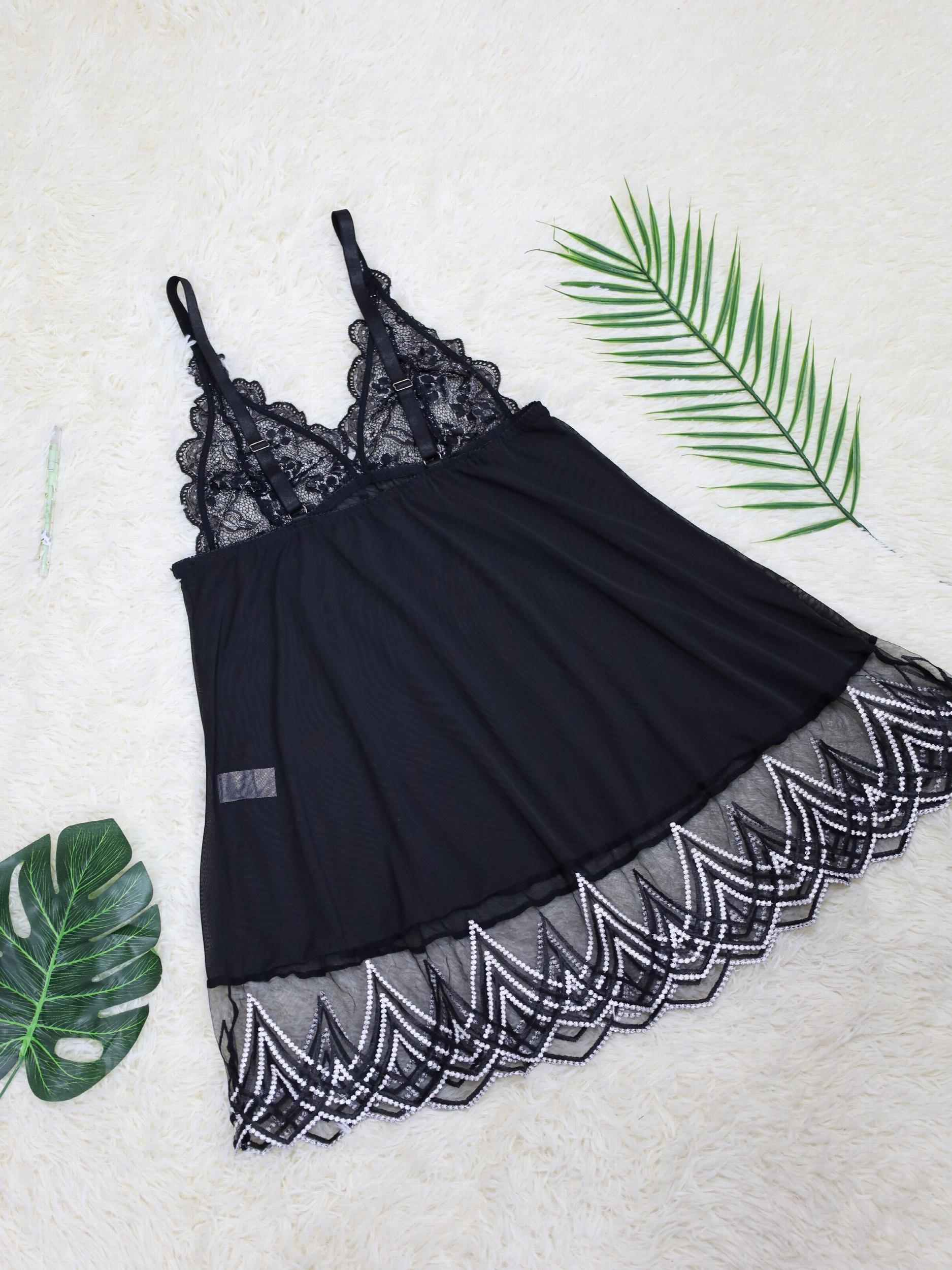 Mesh Lace Babydoll Dress with Floral Embroidery