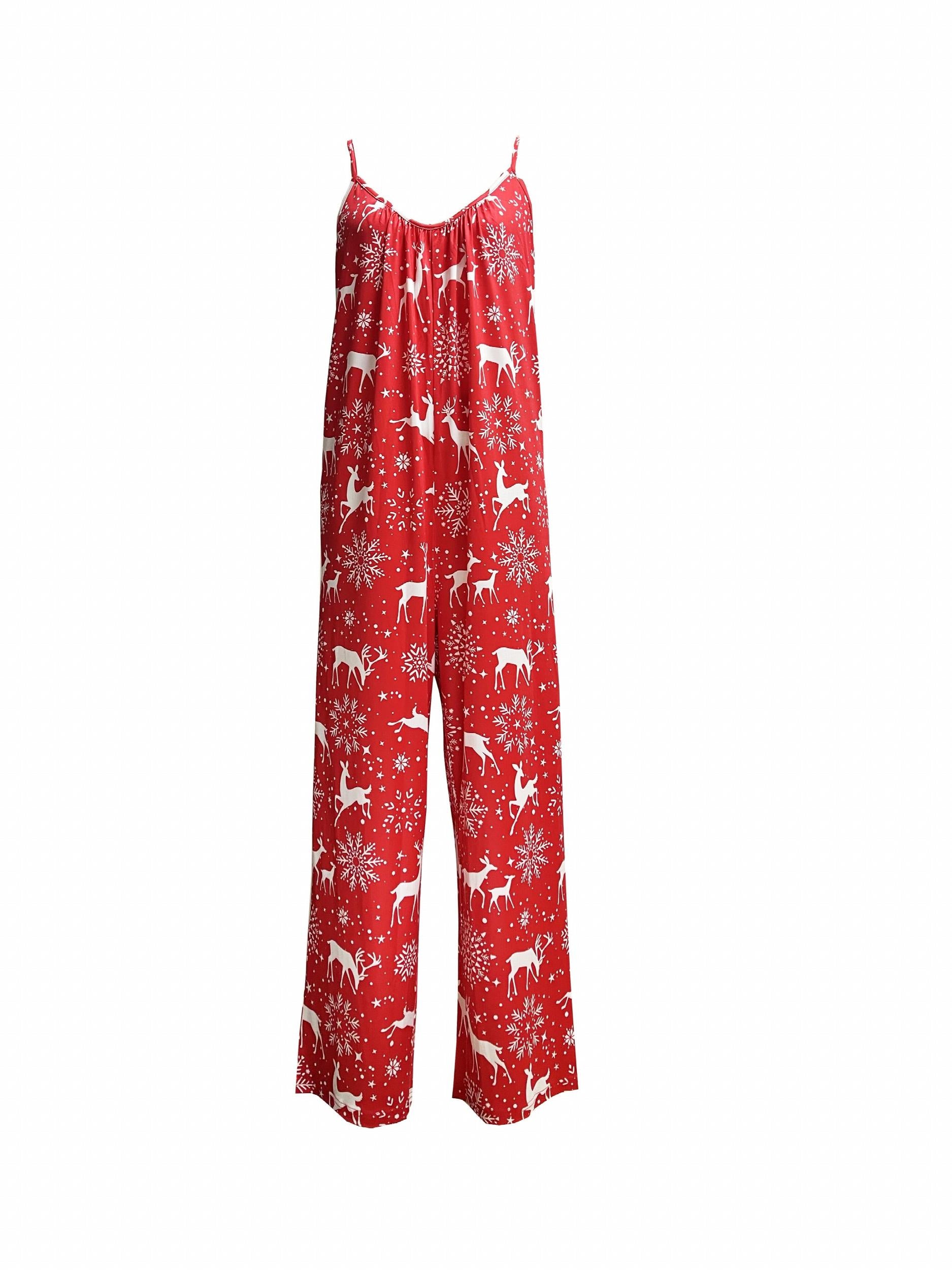 Christmas Cami Jumpsuit Women's Plus Deer & Snowflake Print Wide Leg