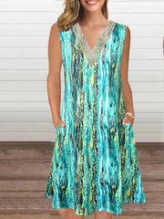Casual Tank Dress Women's Plus Allover Print Contrast Lace Panel V Nec