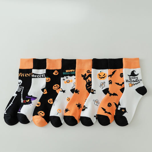 8 Pairs Pumpkin Skull Hat Mid Calf Halloween Crew Socks