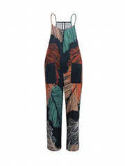 Leaf Print Wide Leg Jumpsuit with Pockets