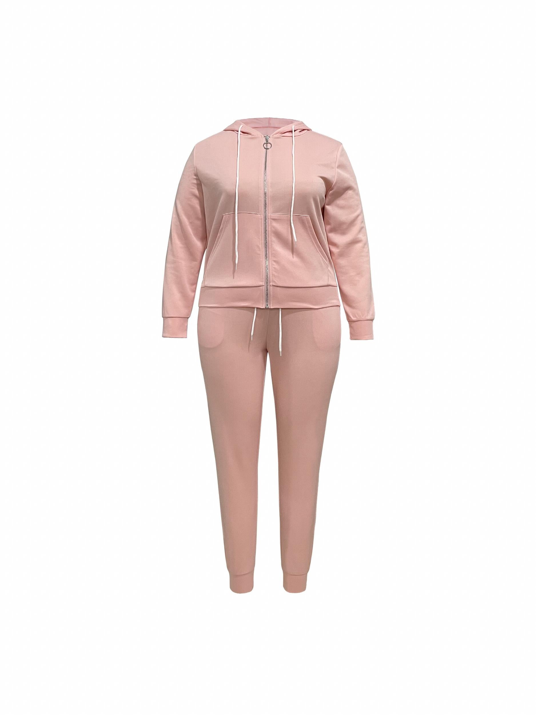 Plus Solid Zip Up Hoodie & Pants 2 Piece Set