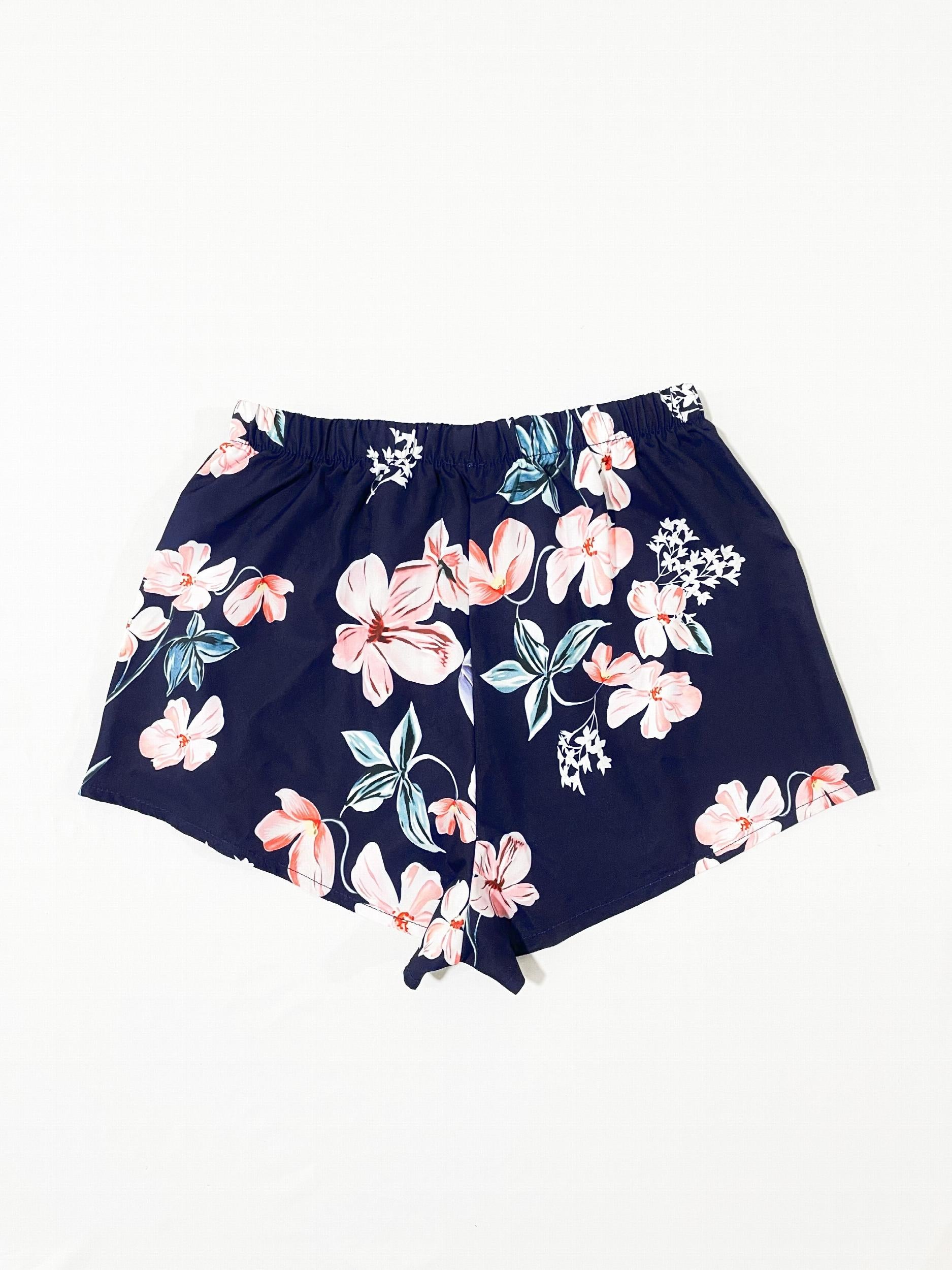 Floral Print Sleep Bottoms Bow Elastic Waistband Shorts Women's Sleepwear