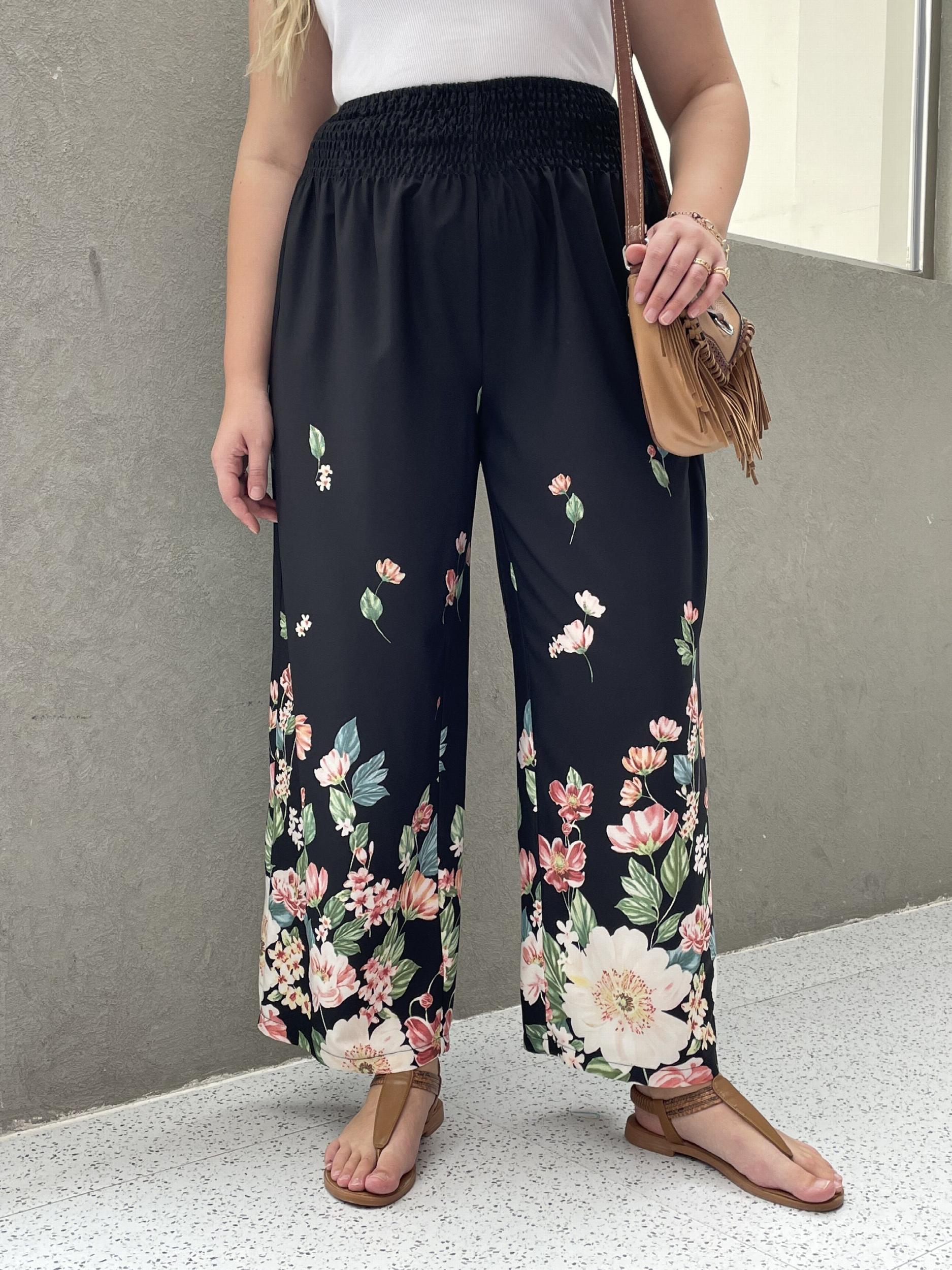 Floral Print Shirred Waist High Rise Wide Leg Trousers