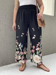 Floral Print Shirred Waist High Rise Wide Leg Trousers