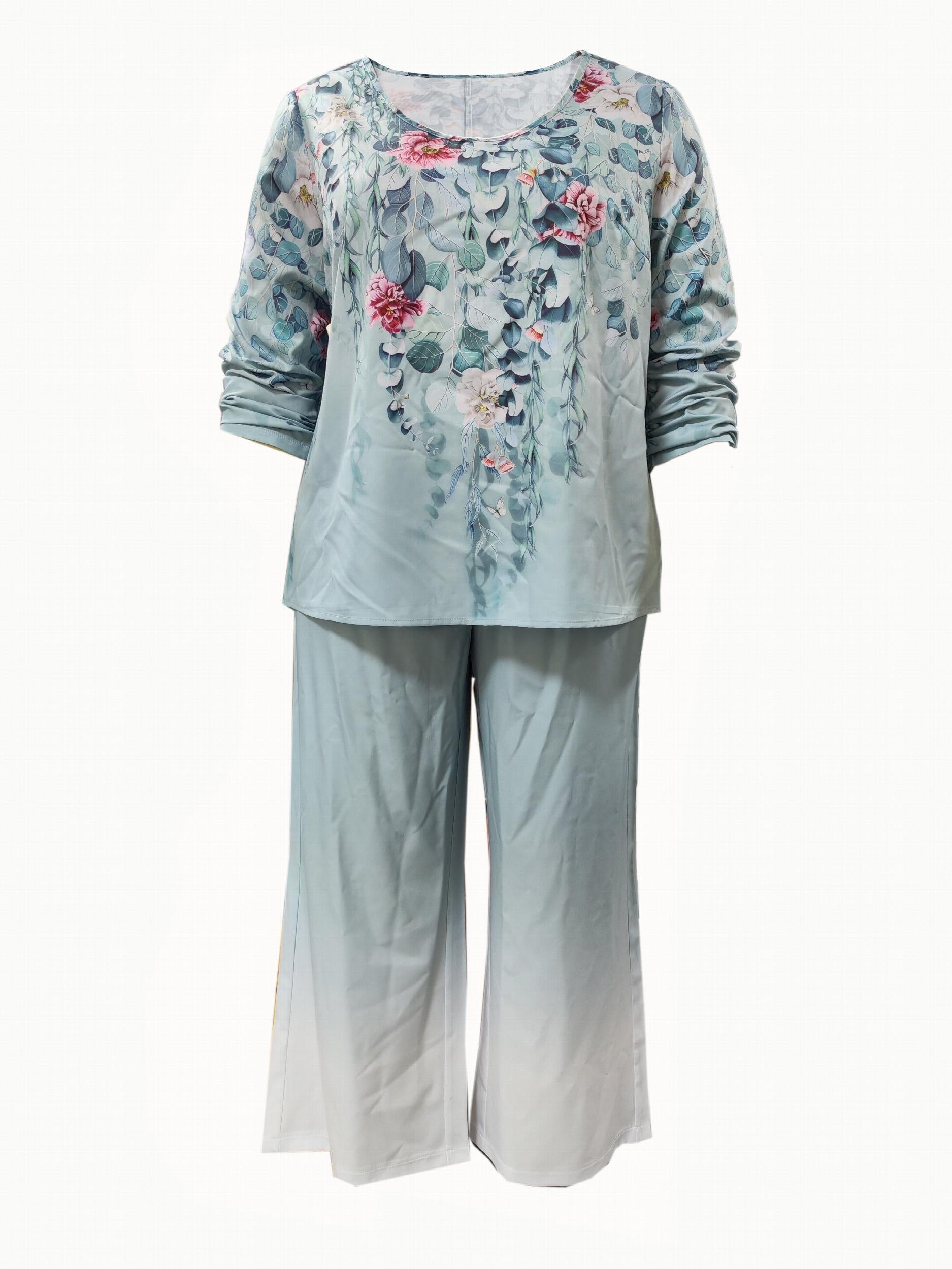 Floral Print Long Sleeve Top & Wide Leg Pants Set