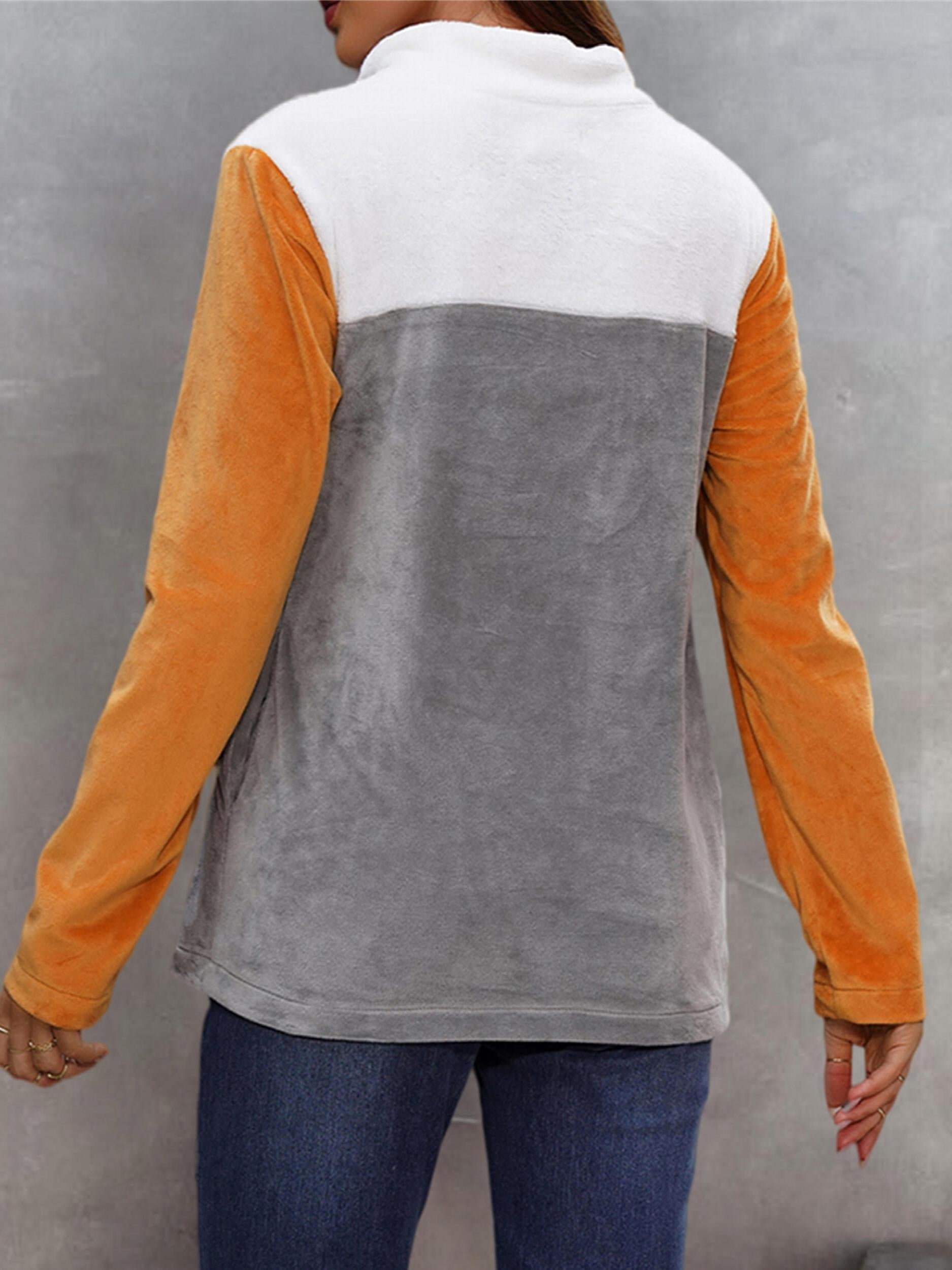 Women's Colorblock Stand Neck Teddy Long Sleeve Tops