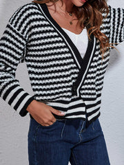 Striped V Neck Long Sleeve Knit Cardigan