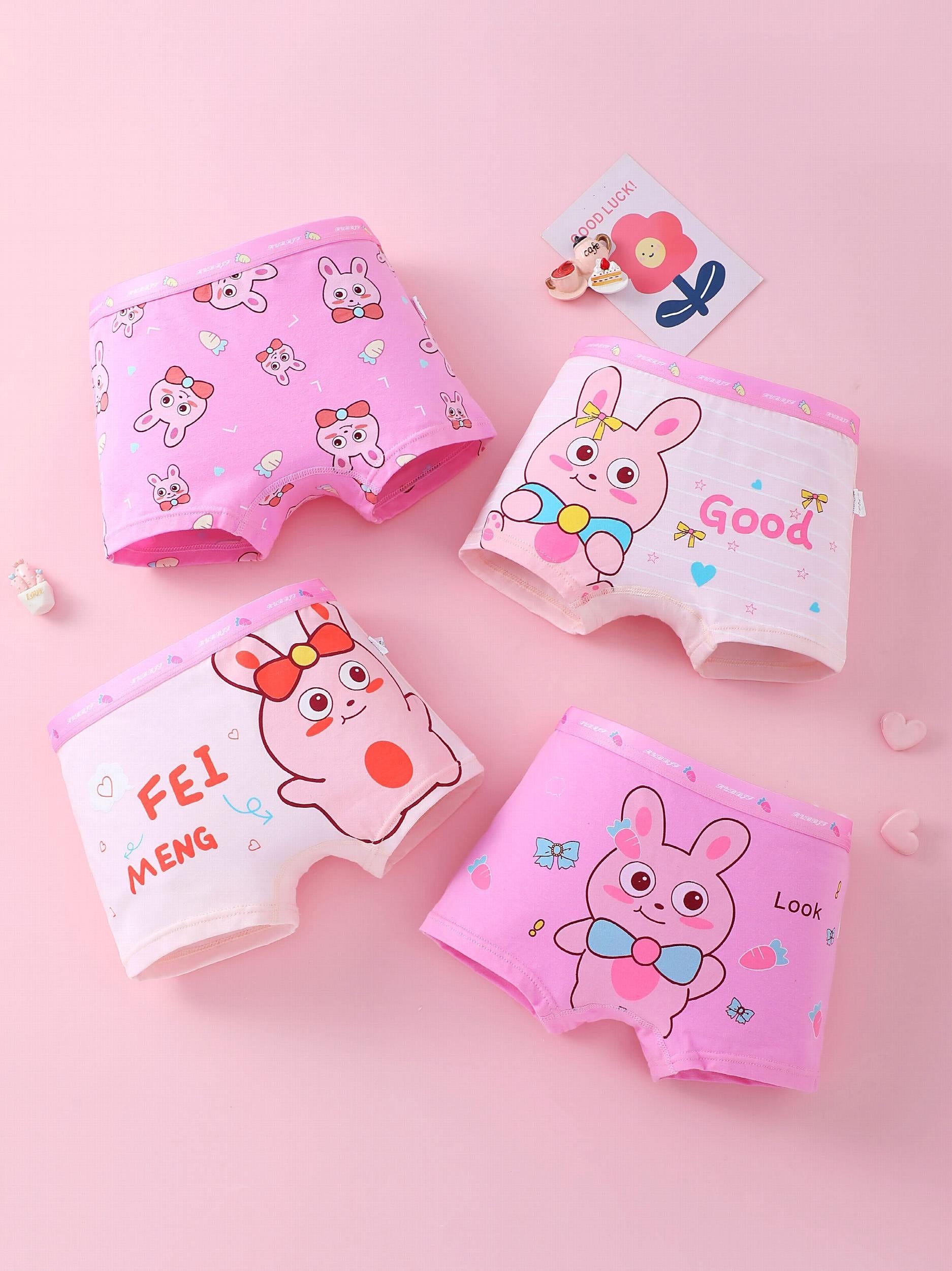 4pcs Girl's Boxer Briefs Rabbit Print Elastic Waist Shorts Cotton Soft Underwear