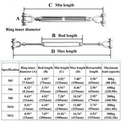 2pcs M5 M12 Jaw Jaw Turnbuckle 304 Stainless Steel Heavy Duty Wire Rope Tens