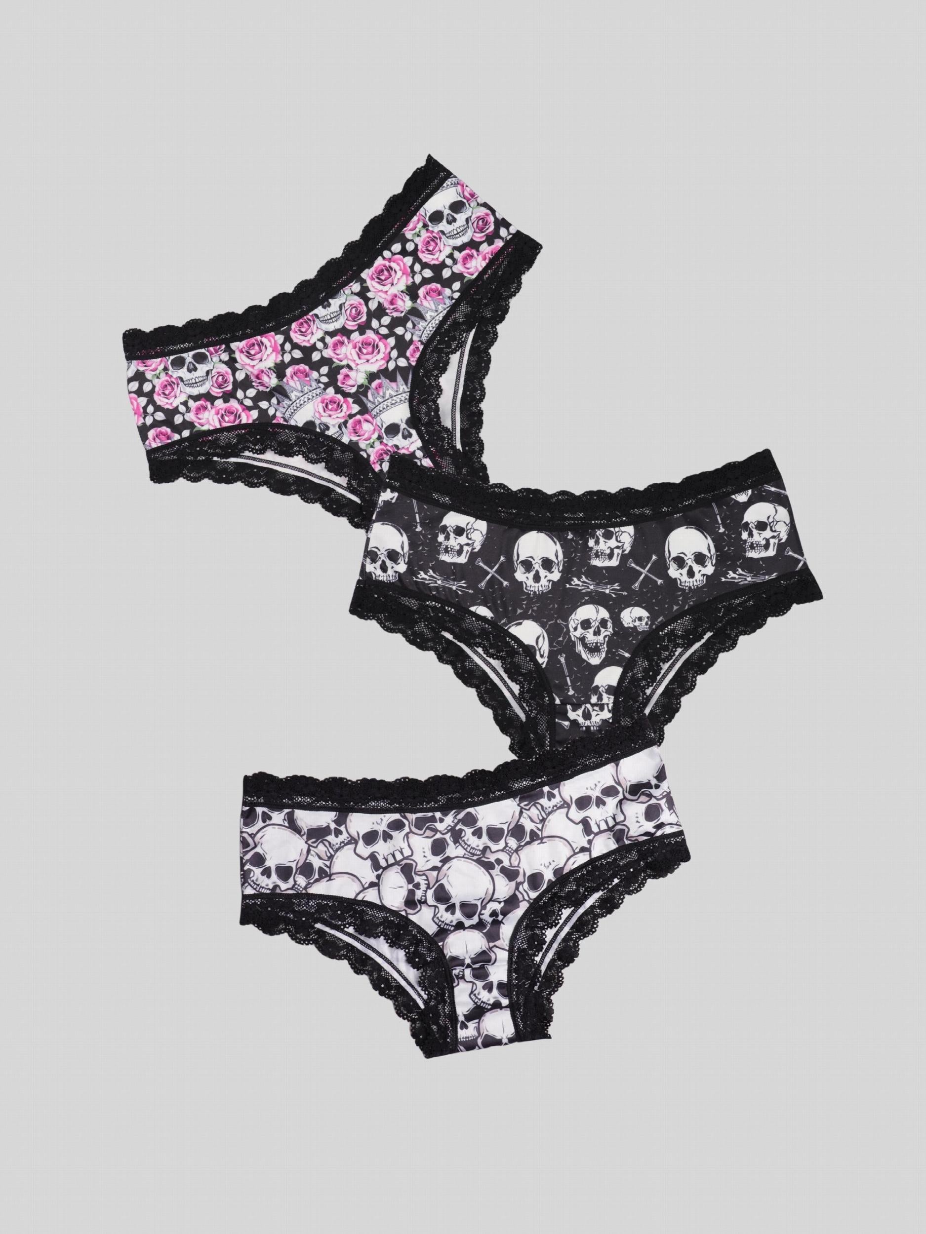 6pcs Lace Hipster Panties Skull & Floral Print Women's Lingerie