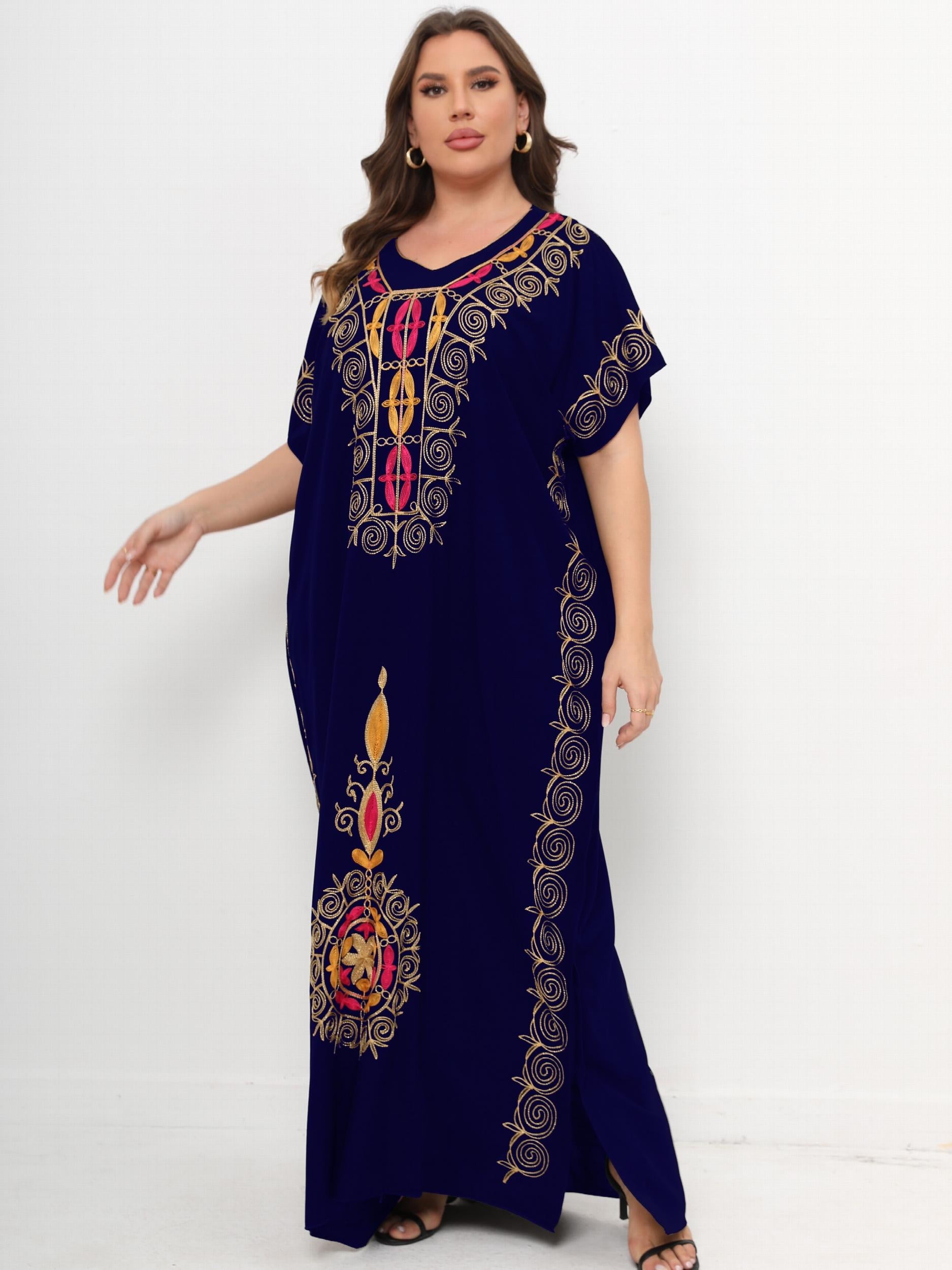 Kaftan Dress Women's Plus Floral Embroidered Batwing Sleeve V Neck
