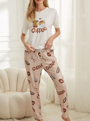 Coffee Print Pajama Set Short Sleeve Top & Pants Women's Sleepwear