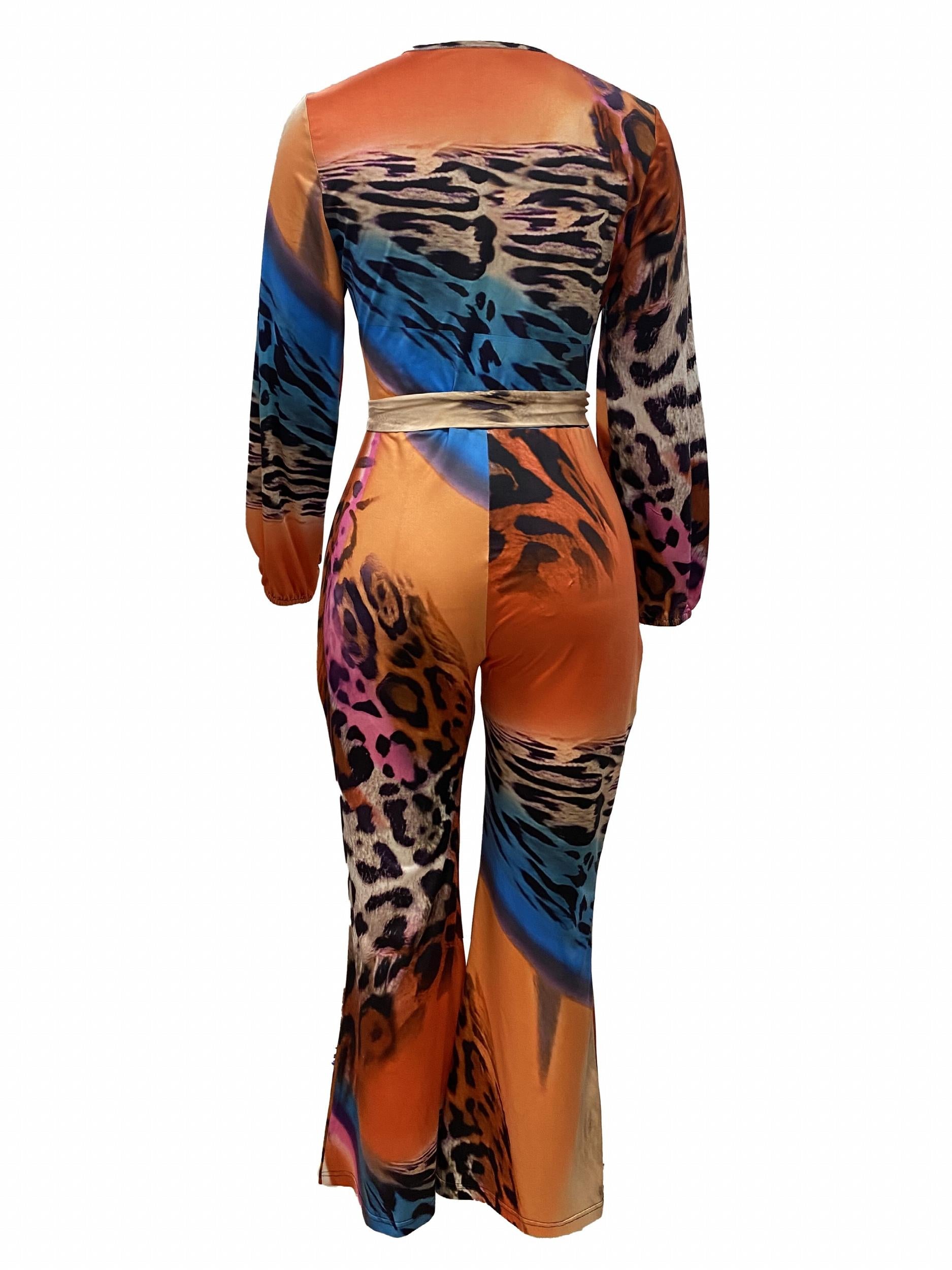Leopard Print Surplice Neck Jumpsuit Long Sleeve Wide Leg Jumpsuit