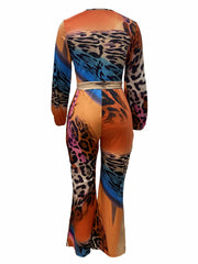 Leopard Print Surplice Neck Jumpsuit Long Sleeve Wide Leg Jumpsuit