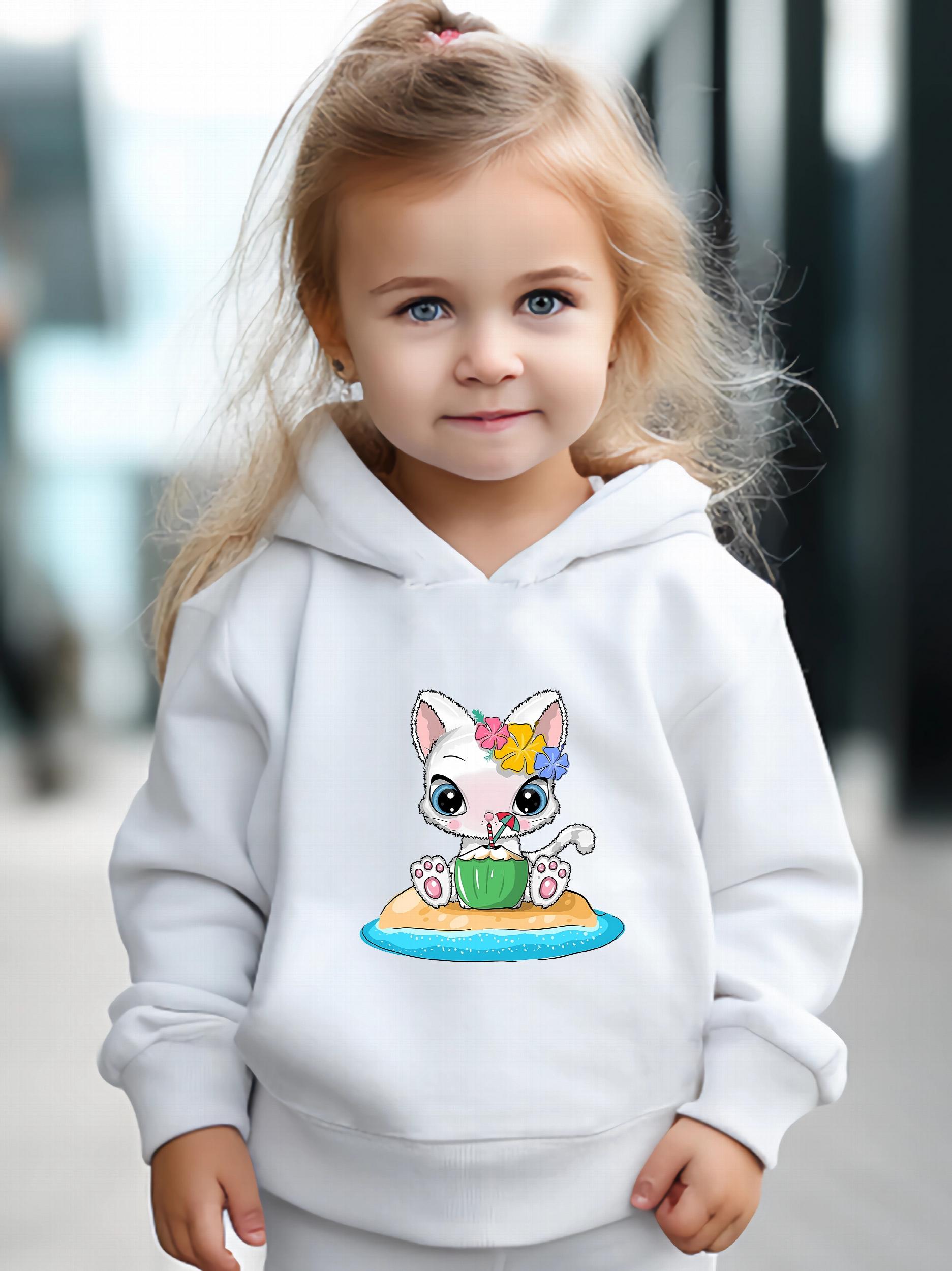 Cartoon Cat & Coconut Print Hoodie & Pants Set, Girl's Sporty Clothes