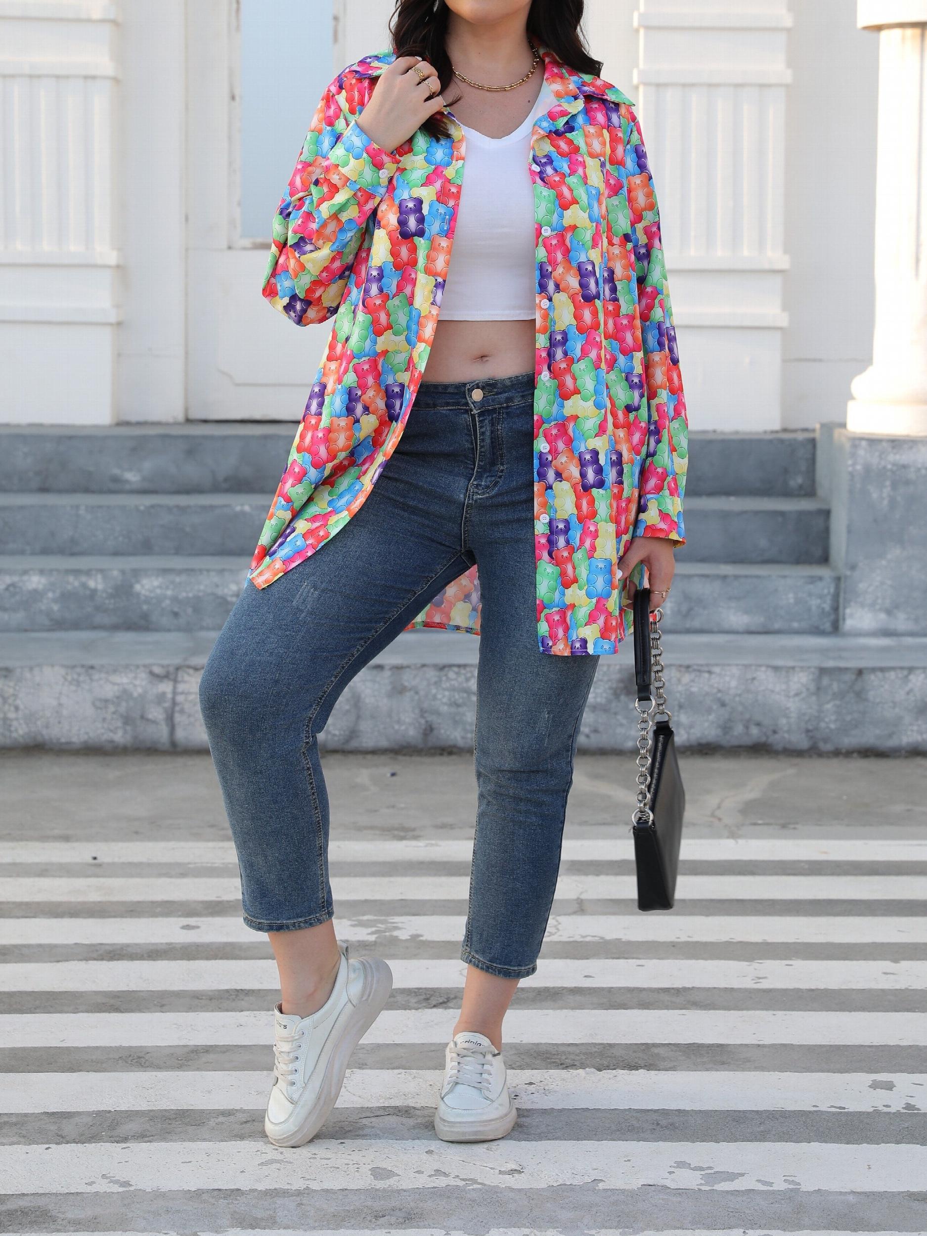 Casual Bear Print Button Up Long Sleeve Blouse