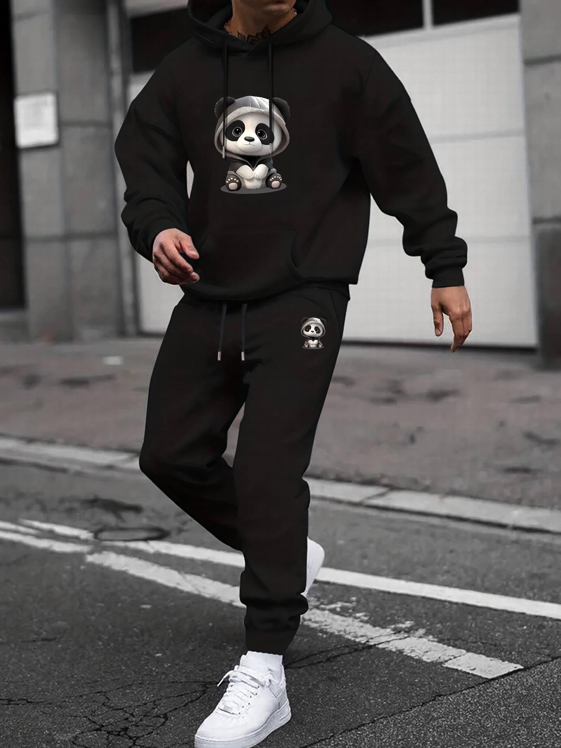 Panda Print Men's 2Pcs Outfits Crew Neck Long Sleeve T Shirt Hooded Sweat